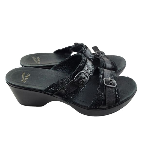 Dansko Shoes - Dansko Wedge Sandals Jessie Size 41 10.5-11 Black Lizard Leather‎ Slip On Buckle